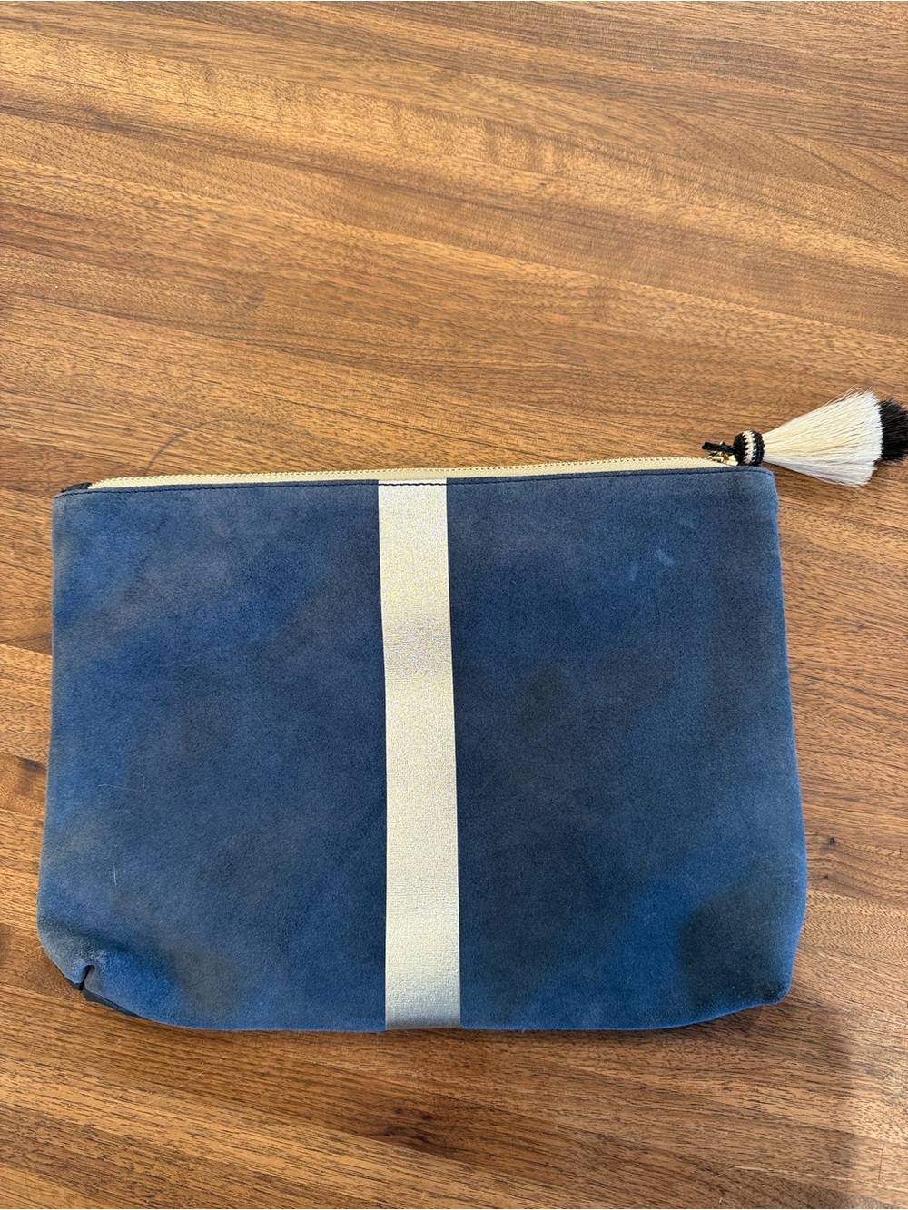 Navy Suede  Clutch with Metallic Silver Center Stripe